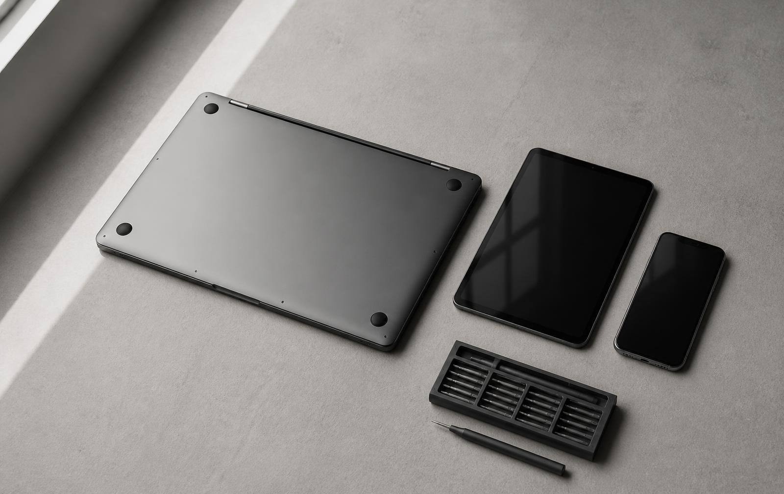 Smartphone, tablet en laptop op een neutrale ondergrond