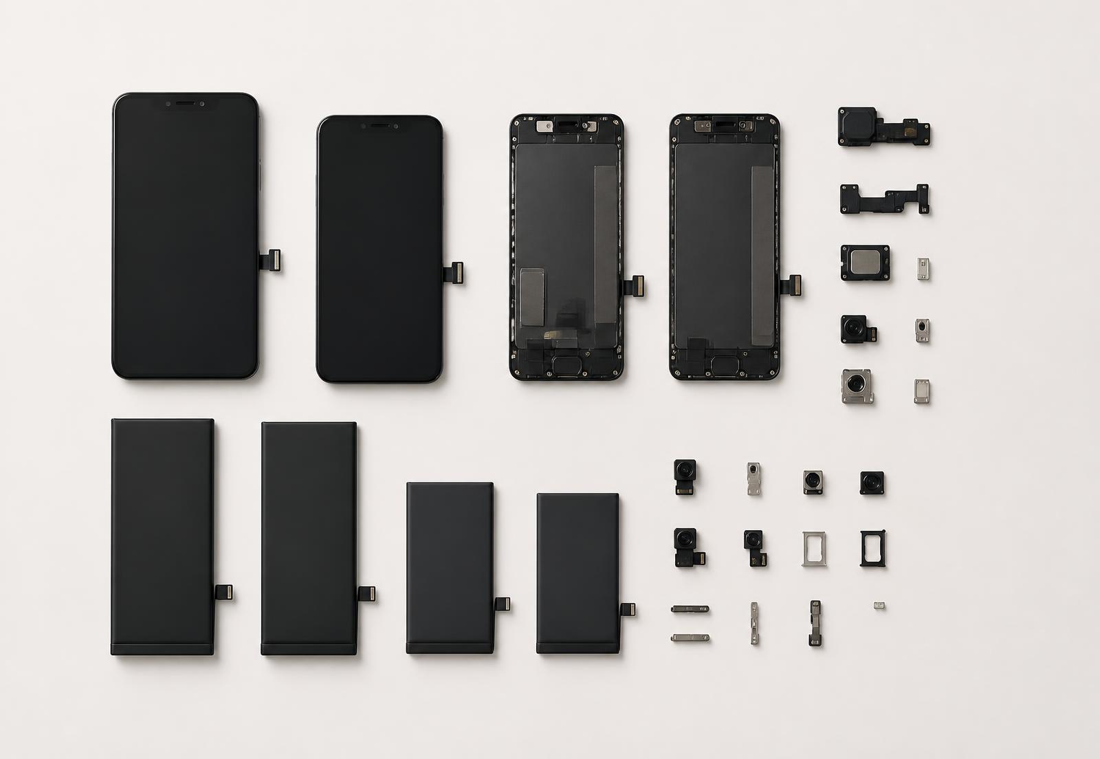 Vervangende smartphoneschermen, batterijen en precisieonderdelen in een raster gerangschikt